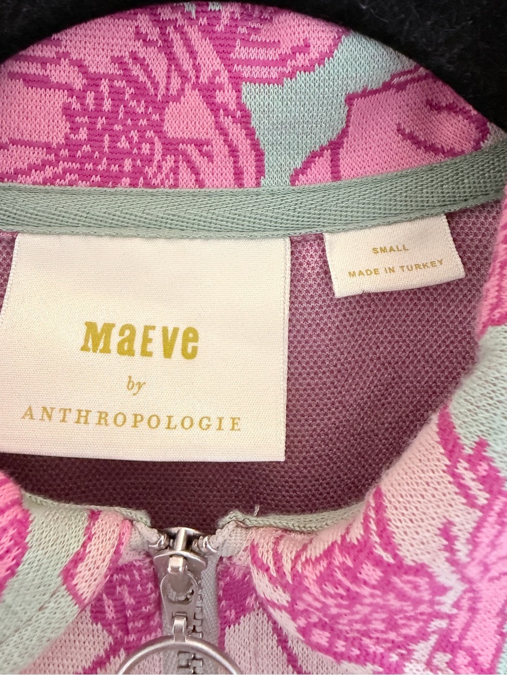 Maeve by Anthropologie Floral Jacquard Zip-Up Polo Top | Pink & Mint | Size S - Picture 4 of 9